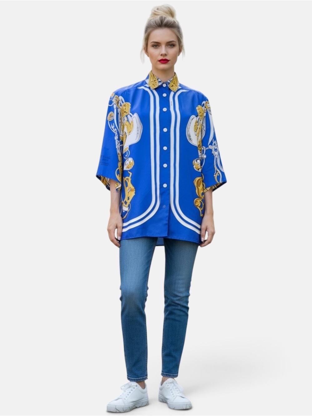 Hermes Silk Brides de Gala Royal Blue and Gold Printed Button-Front Blouse